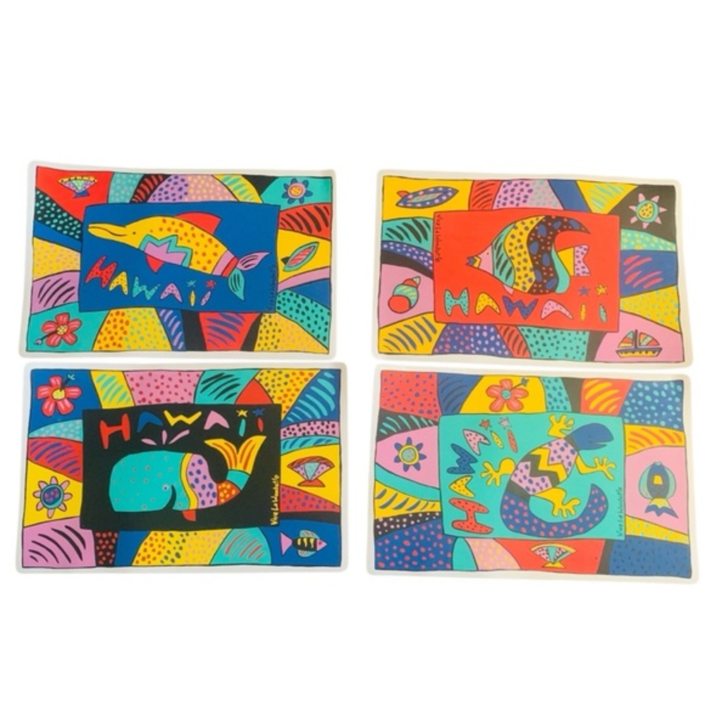 Vintage 80s Viva La Wombat Hawaii Placemats – Set of 4 Tropical Pop Art